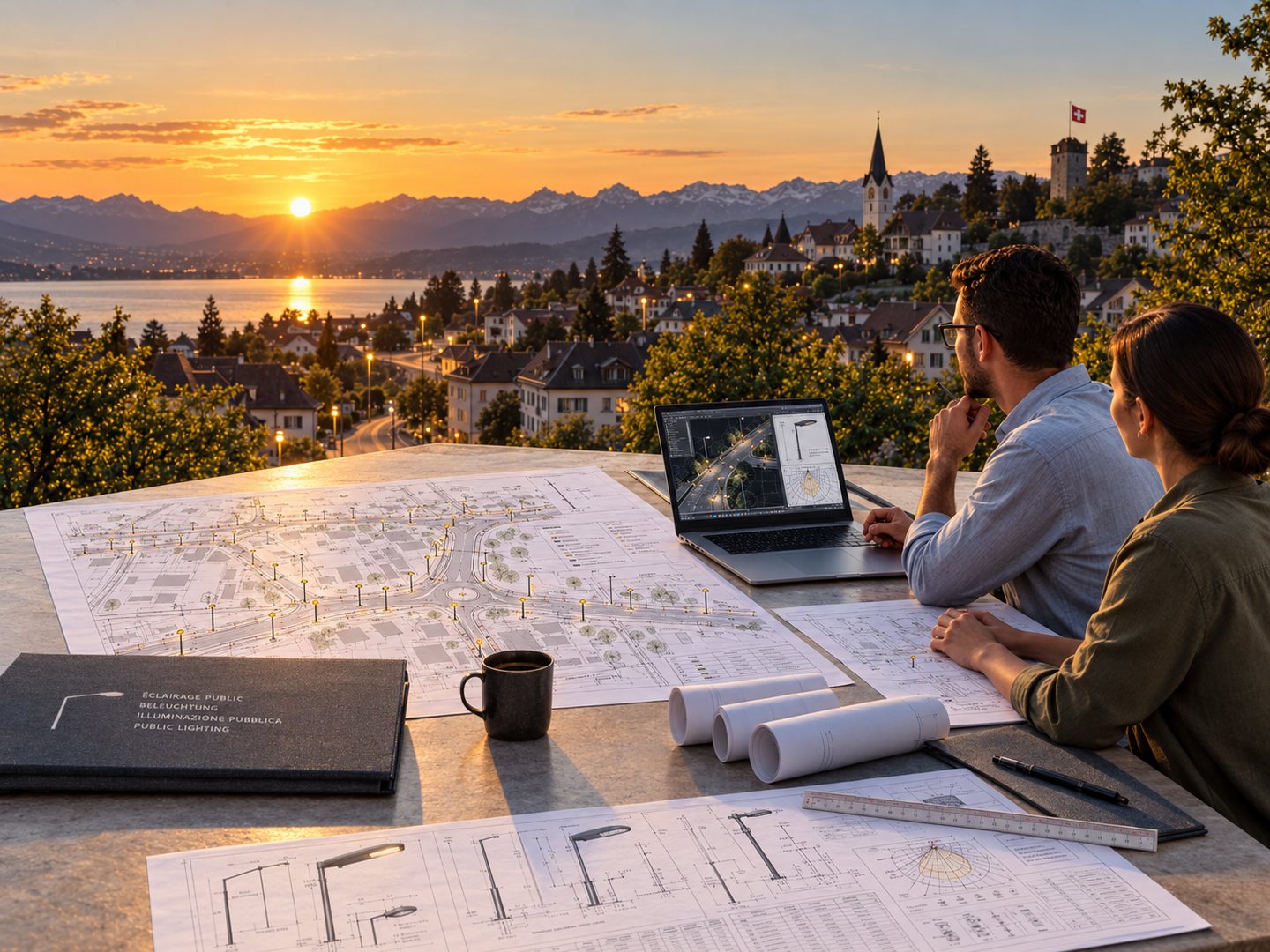 Deux ingénieurs Soluxa sur les plans d'éclairage public d'une commune, au-dessus du lac au coucher du soleil.